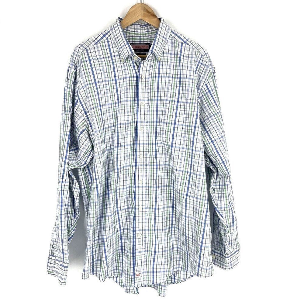 Vineyard Vines Shirt Size XL Mens Blue Green Murray Long Sleeve Plaid Button Up